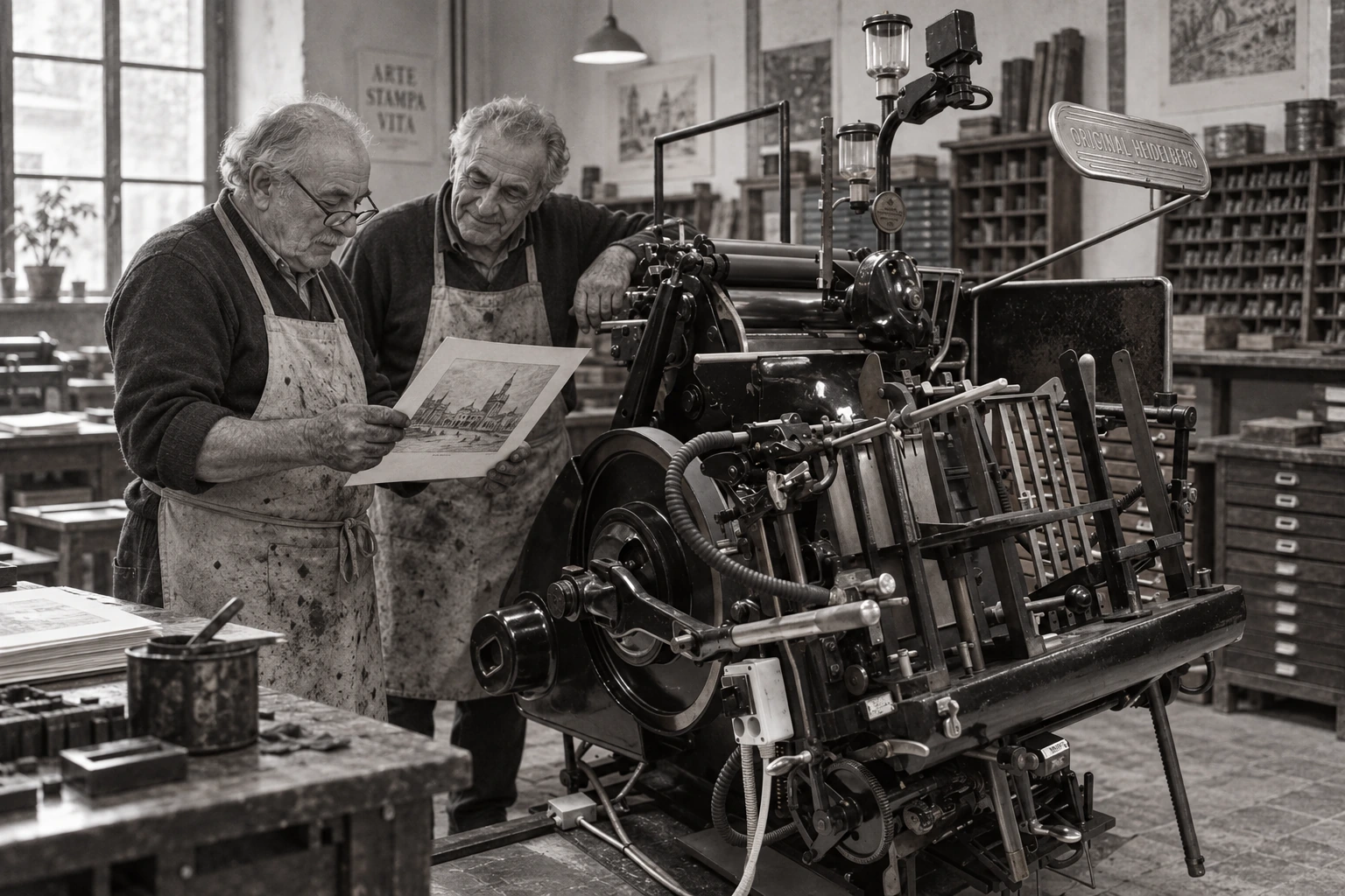 Ricostruzione illustrativa in bianco e nero: due artigiani tipografi al lavoro su una Heidelberg OHT Stella