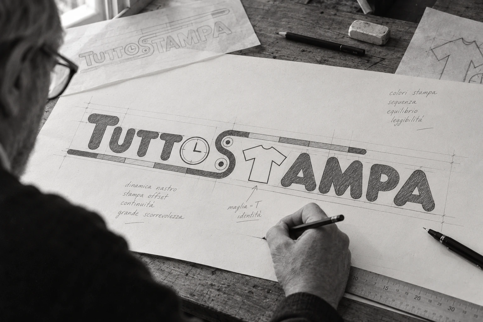 Ricostruzione illustrativa: studio a mano del logo Tuttostampa con matite, carta e strumenti da disegno