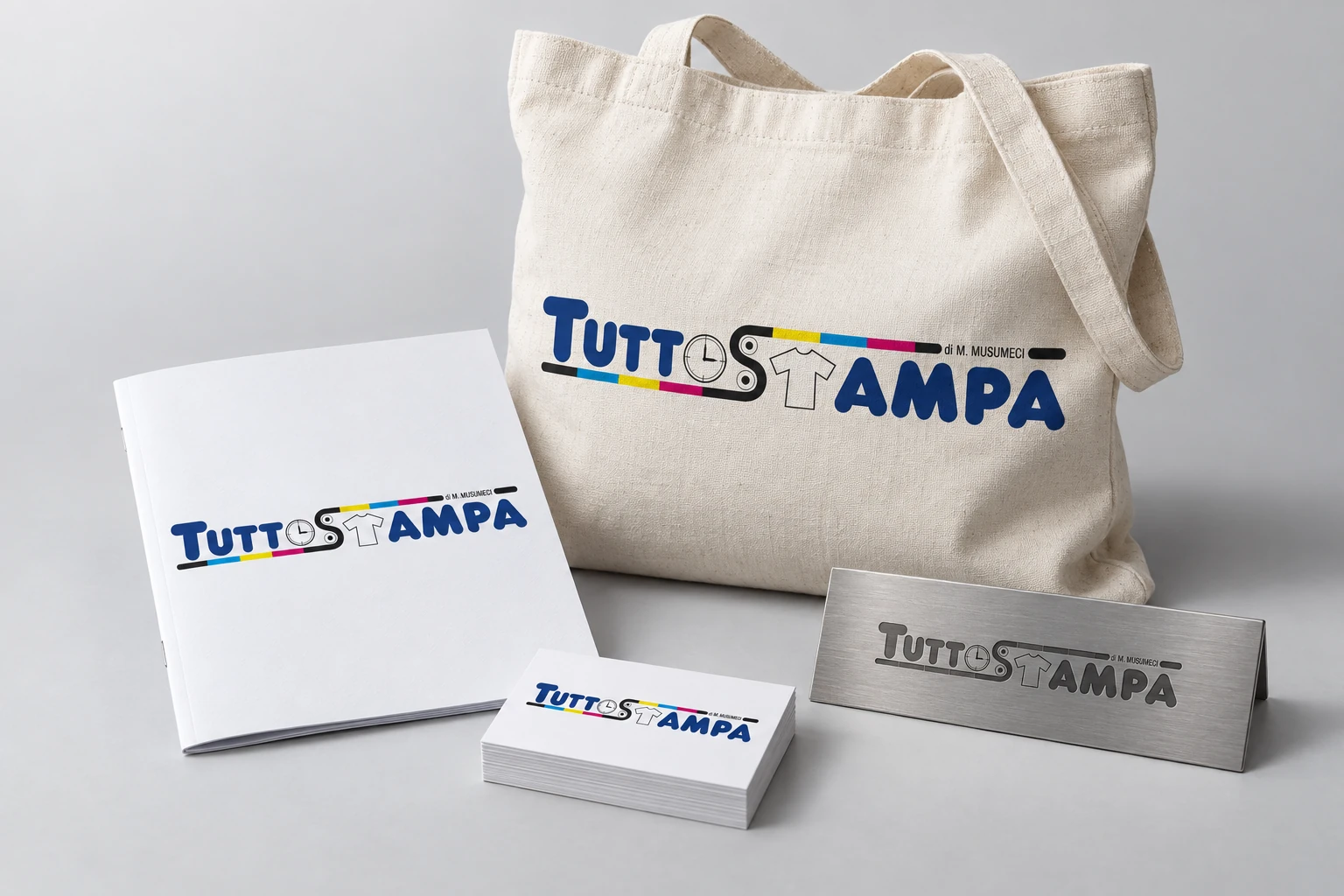 Shopper, stampati e targa personalizzati con il logo Tuttostampa — esempio illustrativo